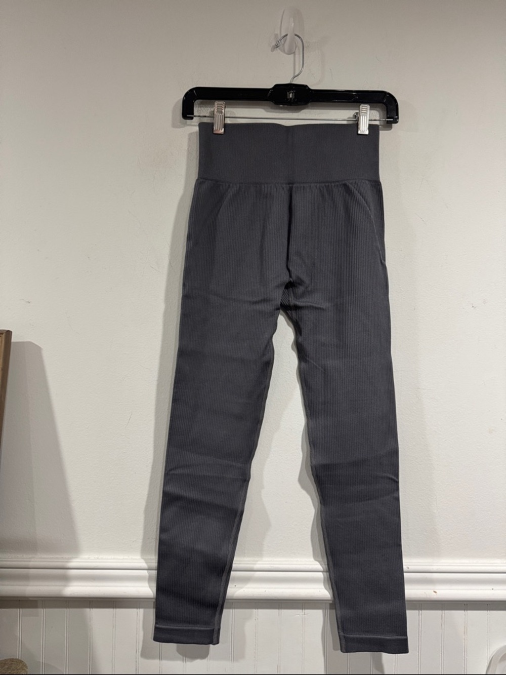 High-Waist Ribbed Leggings in Gray large stretch NEW